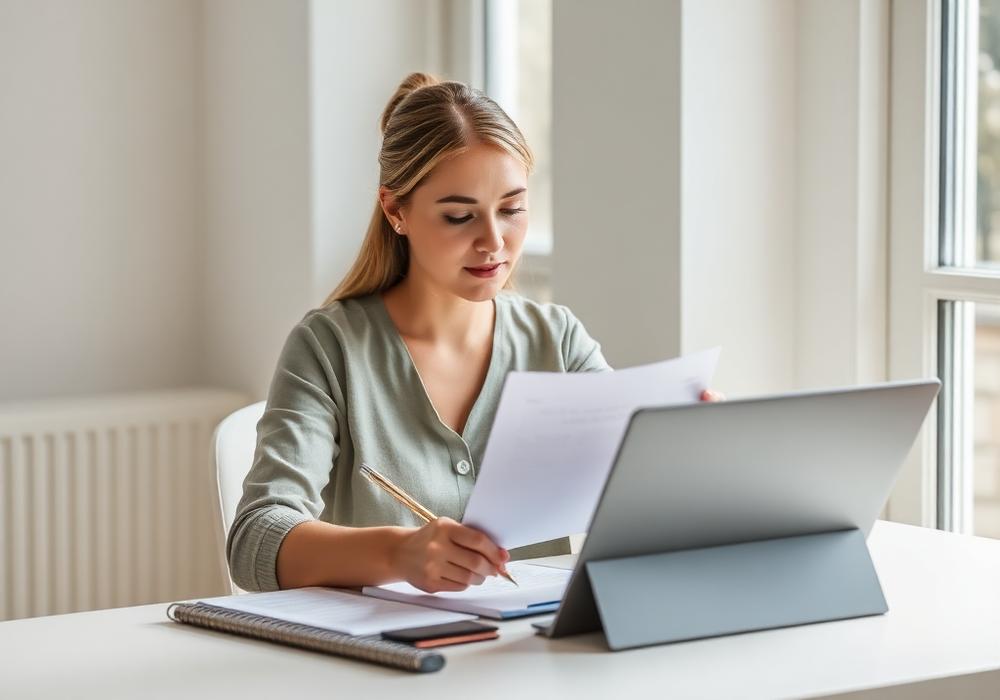Personne relisant un courrier administratif dans un bureau lumineux
